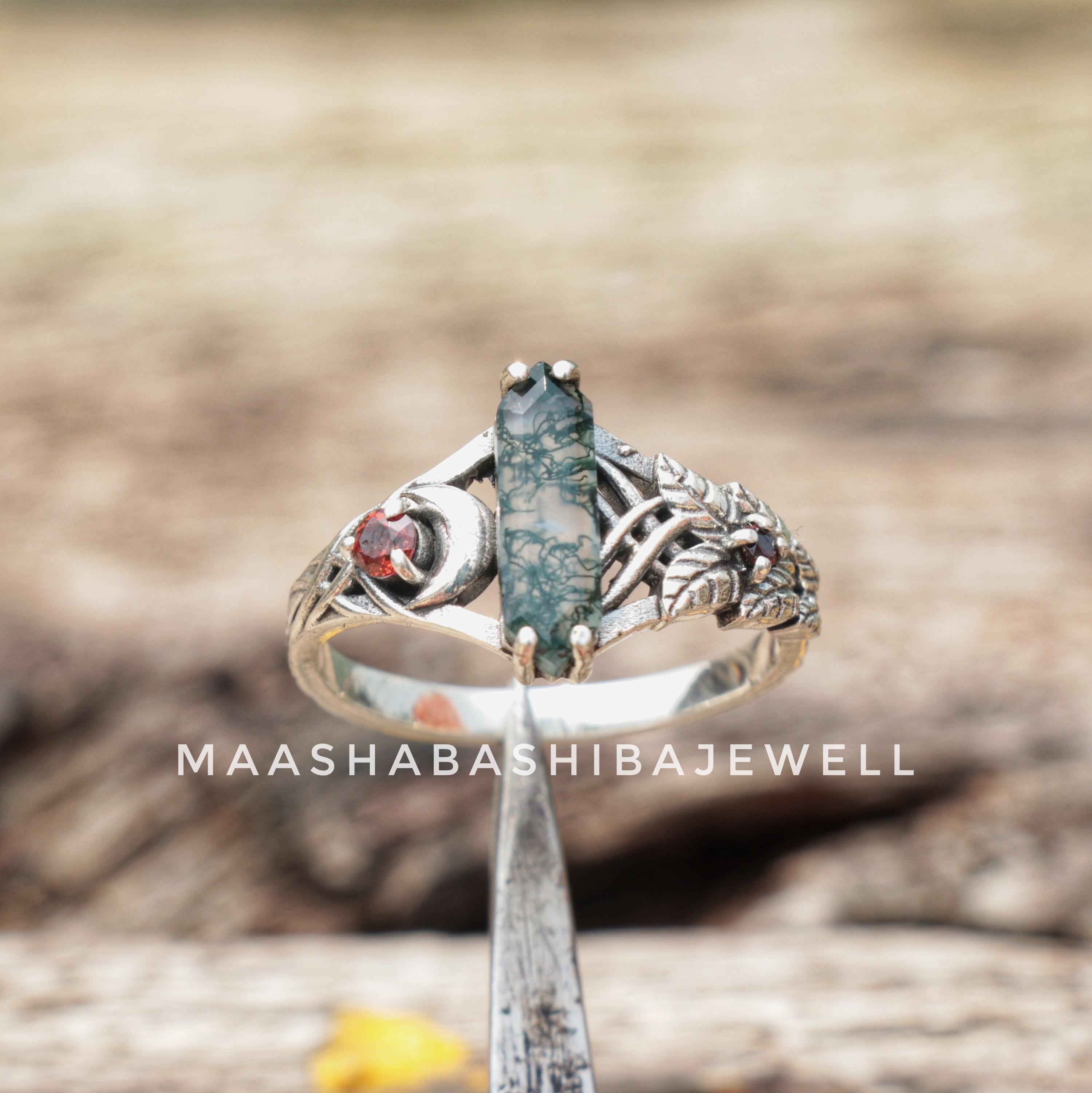 シルバーブランチモスアゲート＆ガーネットリング、925スターリング