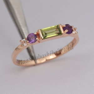 Genuine Peridot Baguette Ring, Peridot Ring, Minimalist Ring, Amethyst Ring, Multi stone Ring, Peridot Rose Gold Ring, August  Birthstone