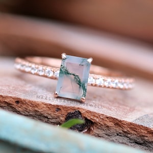 Natural Moss Agate Ring, Emerald Ring Ring, Green Moss Agate Ring, 18k Rose Gold Vermeil, Engagement Ring, Moss Agate Jewelry, Gift For Her