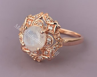 Natural Moonstone Engagement Ring, Rose Gold Bridal Ring, Moonstone Ring, Wedding Band Women, Antique Stacking Rings, June Birthstone Ring