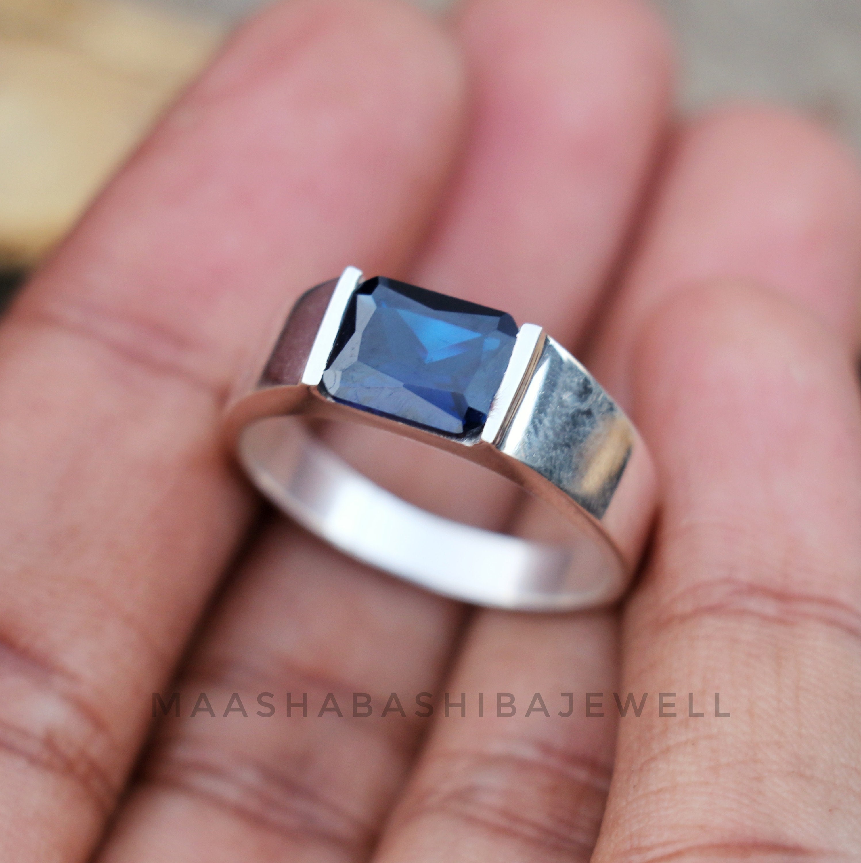 Blue Sapphire Men's Ring: Handmade 925 Sterling Silver Promise Ring