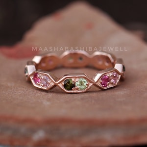 Natural Multi Tourmaline Ring, Rose Gold Vermeil, October BIrthstone, Rings For Women, Gift For Her, Engagement Ring, Tourmaline Band Ring