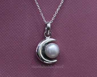 Halbmond-Perlenanhänger aus Sterlingsilber, zierliche Halskette