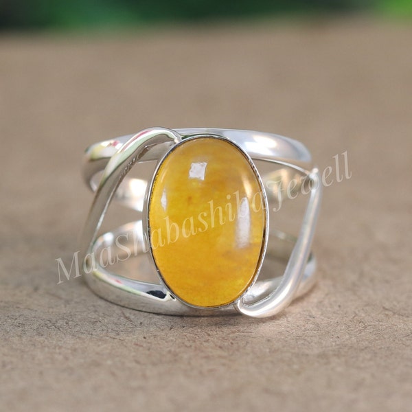 Bright Canary Yellow Oval Agate Sterling Silver Ring, Yellow Gemstone Ring, Gifts For Her, Bohemian Ring, Yellow Stone Boho Ring, Agate Ring