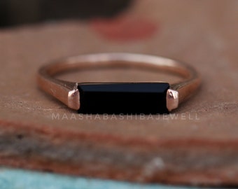 Black Onyx Hydro Ring, Engagement Ring, 18k Rose Gold Vermeil, Stackable Ring, Rectangular Stone Ring, Black Onyx  Bar Ring, Minimalist Ring