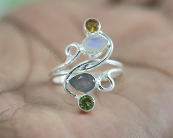 Multi Stone Ring, All Natural Gemstone Ring, Dainty Ring, Citrine*Moonstone*Labradorite*Peridot Ring, 925 Sterling Silver Ring, Gift For Her