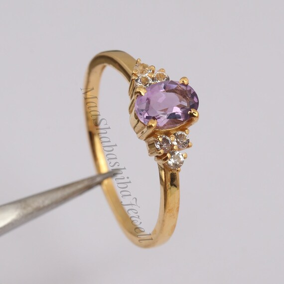 天然アメジスト 18Kゴールドメッキ 925スターリングシルバーリング