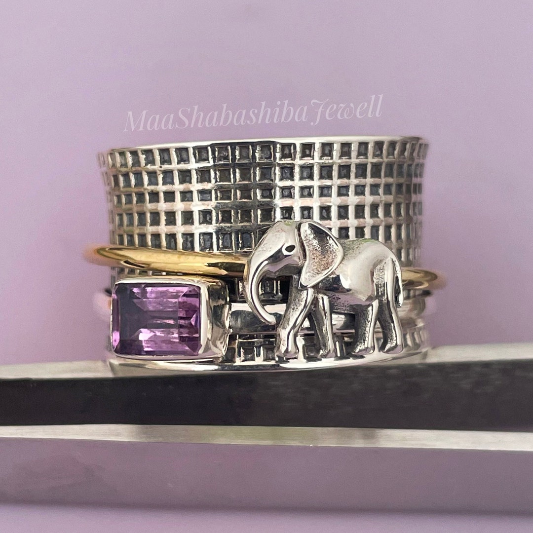Sterling Silver Elephant Spinner Ring, Amethyst, Two Tone Fidget Ring ...