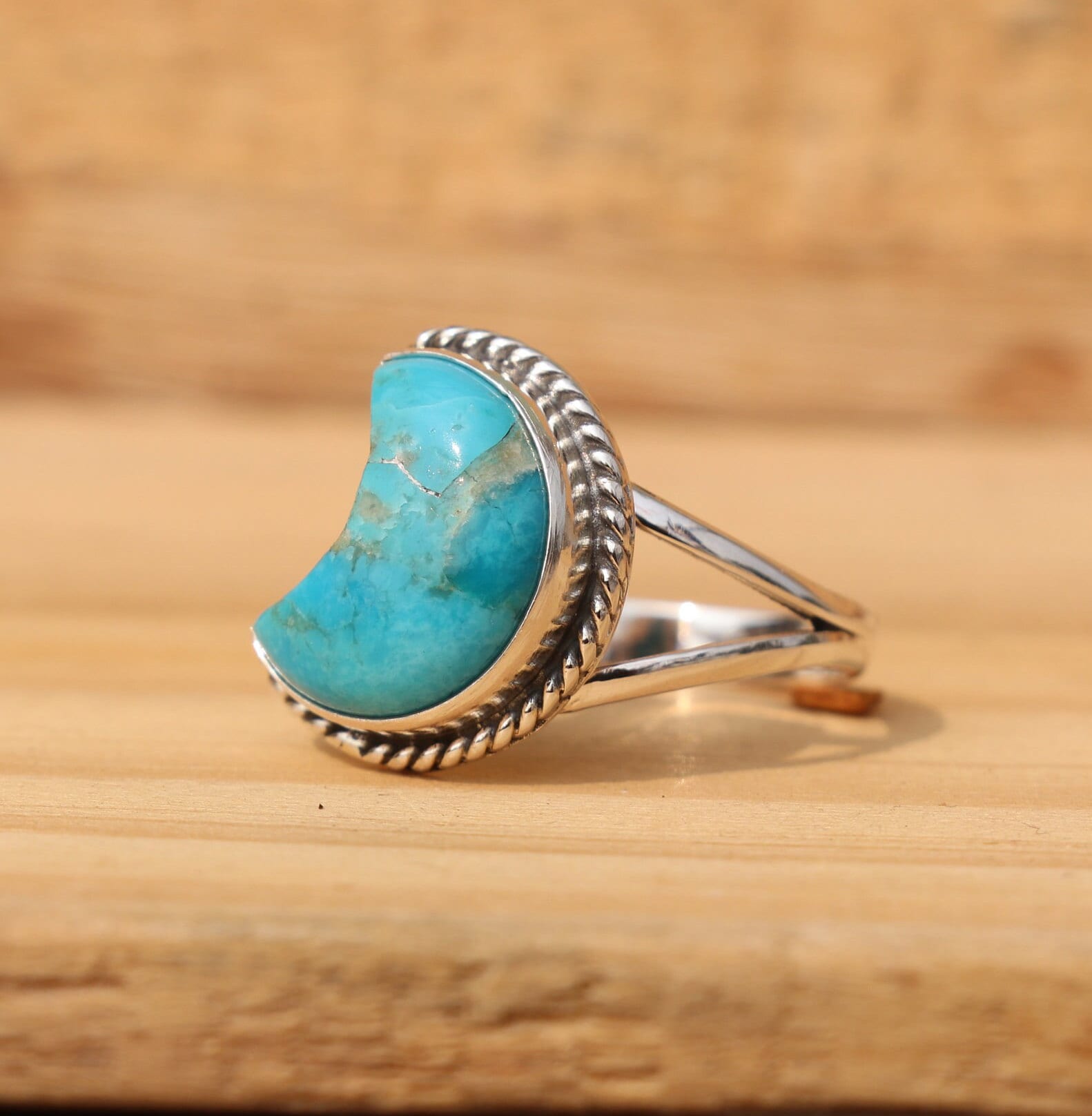 Genuine Turquoise Half Moon Ring, Handmade Silver Turquoise