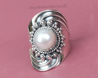 Handmade Pearl Sterling Silver Ring, Wide Band Filigree Ring