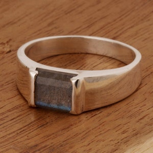 Labradorite Ring, Men&#39;s Ring, 925 Sterling Silver Ring, Wedding Ring, Emerald Cut Ring, Natural Labradorite Jewelry-Anniversary Gift For Him