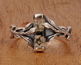 Silver Branches Ring, Moss Agate Leaves Ring, Celestial Ring, 925 Sterling Silver Ring, Handmade Nature Inspired Jewelry, Anniversary Gift