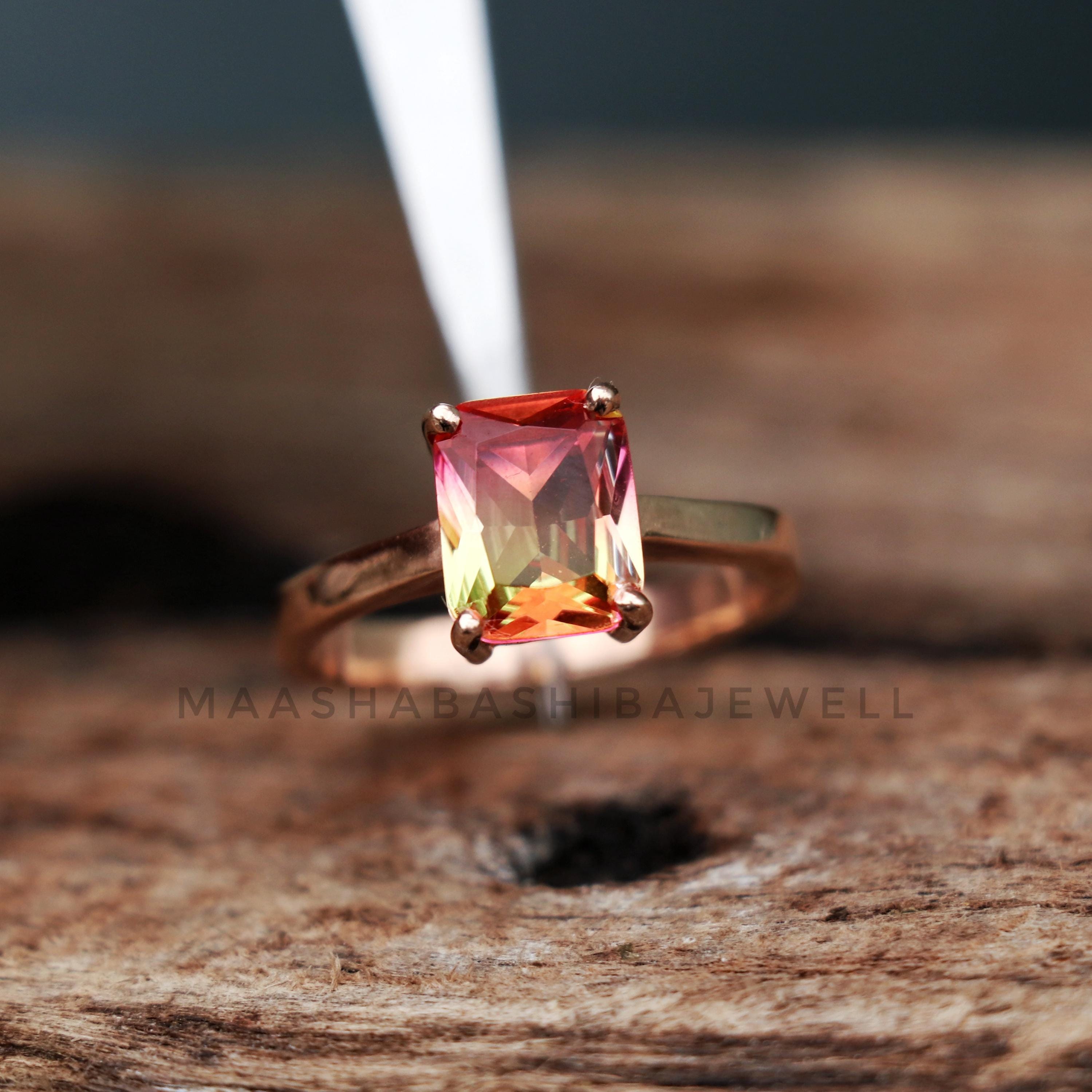 Watermelon Quartz Rings Emerald Cut Watermelon Tourmaline Ring, 18k Rose Gold Vermeil Ring, Bi ...
