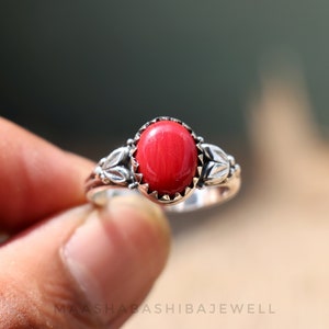 Red Coral Ring, 925 Sterling Silver Ring, Handmade Silver Ring, Designer Ring, Oval Gemstone Ring, Everyday Ring, Birthday Gift For Women&#39;s