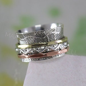 Bague tournante en argent, bague tournante trois tons, bague en argent sterling 925, alliance de créateur, alliance, anneau agité, bague de méditation, cadeau pour elle