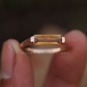 Anillo de citrino hidro, oro rosa vermeil de 18 k, apilable, piedra rectangular, barra de citrino amarillo, minimalista, anillo de compromiso