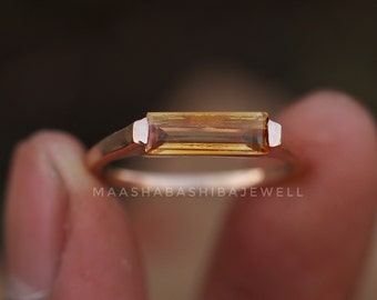 Citrine Hydro Ring, 18k Rose Gold Vermeil, Stackable Ring, Rectangular Stone, Yellow Citrine  Bar Ring, Minimalist Ring, Engagement Ring