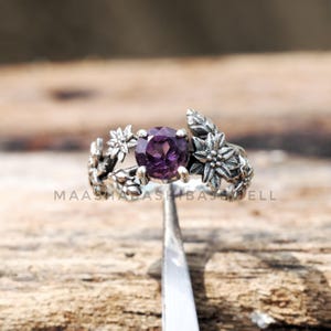 Silver Floral Ring, Amethyst Ring, 925 Sterling Silver Ring, Purple Gemstone Ring, Handmade Nature Inspired Ring, Anniversary Gift For Her