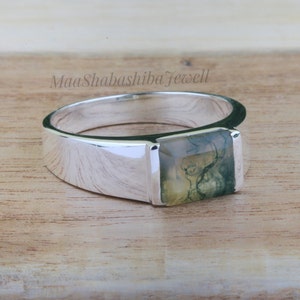 Natural Moss Agate Ring, Men&#39;s Ring, 925 Sterling Silver Ring, Emerald Cut Signet Ring, Handmade Weeding Ring, Stackable Ring, Gift For Him