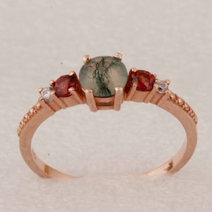 Natural Green Moss Agate Ring, Garnet Ring, Engagement Ring, 18k Rose Gold Vermeil, Round Cut Moss Agate Ring, Promise Ring, Stackable Ring
