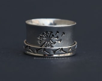 Dandelion Fidget Spinner Ring, 925 Sterling Silver Ring, Handmade Wide Band, Thumb Bands, Silver Spinner Ring, Wedding Ring, Gift For Her