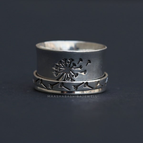 Löwenzahn Fidget Spinner Ring, 925 Sterling Silber Ring, handgemachtes breites Band, Daumenbänder, Silber Spinner Ring, Ehering, Geschenk für sie