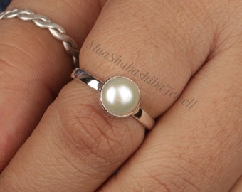 925 Sterling Silver Minimalist Fresh Pearl Ring, Stacking Ring, Pearl Ring, Handmade Ring, Silver Pearl Ring-Birthstone Ring, Statement Ring