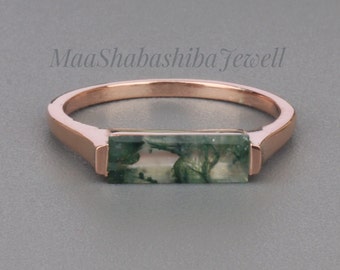 Moss Agate Hydro Ring, 18k Rose Gold Vermeil, Stackable Ring, Rectangular Stone, Green Moss Agate Bar Ring, Minimalist Ring, Engagement Ring