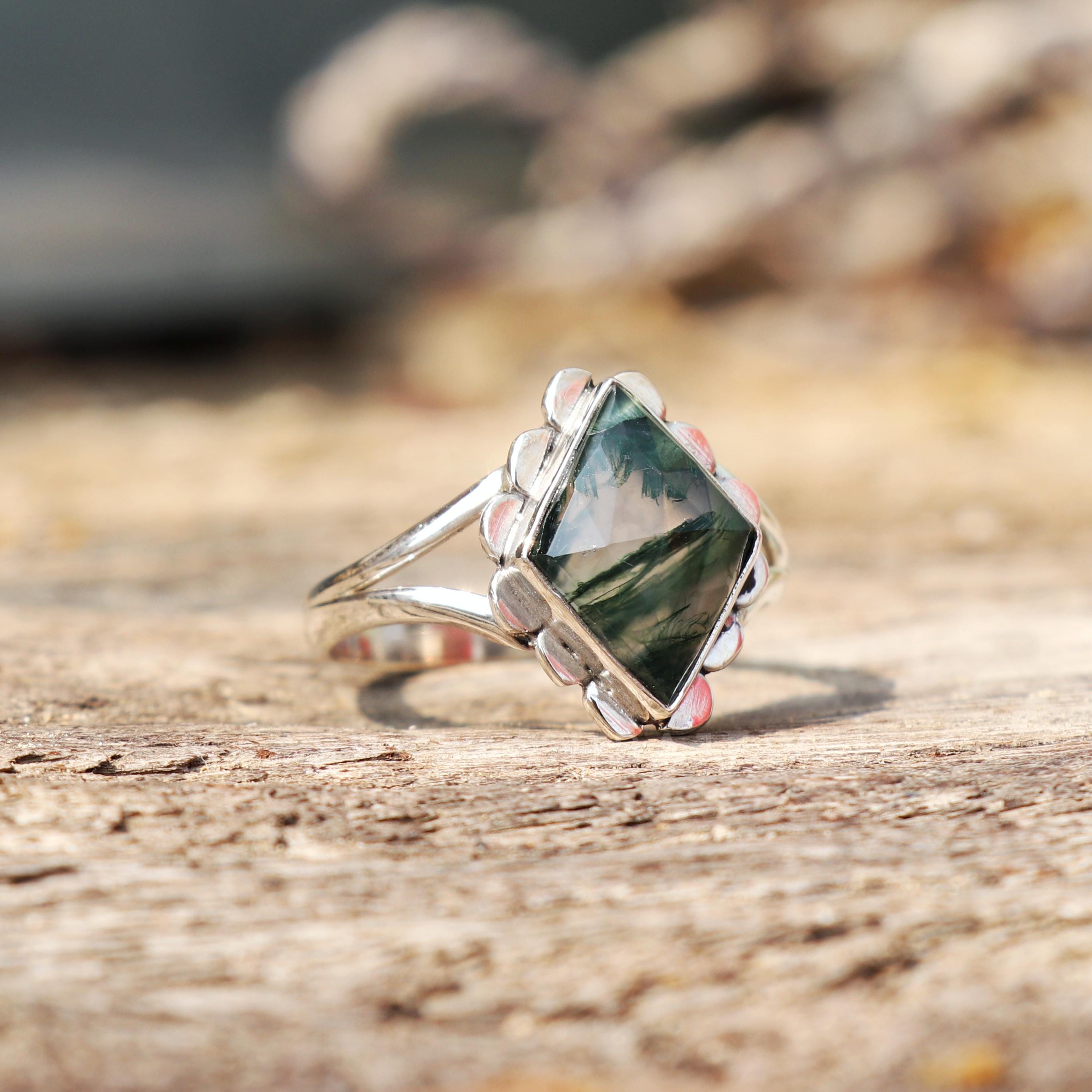 天然石リング、天然モスアゲート、シルバー925指輪、ハンドメイド 天然モスアゲートリング、925スターリングシルバーリング
