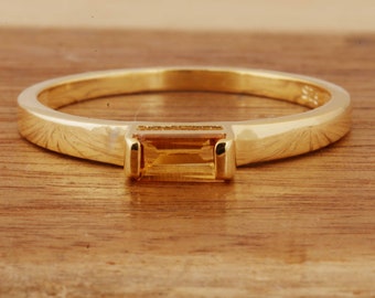 Citrine Baguette Ring, Minimalist Ring, 18k Gold Vermeil, Natural Yellow Citrine Ring, Stacking Ring, Promise Ring, Birthday Gift For Women