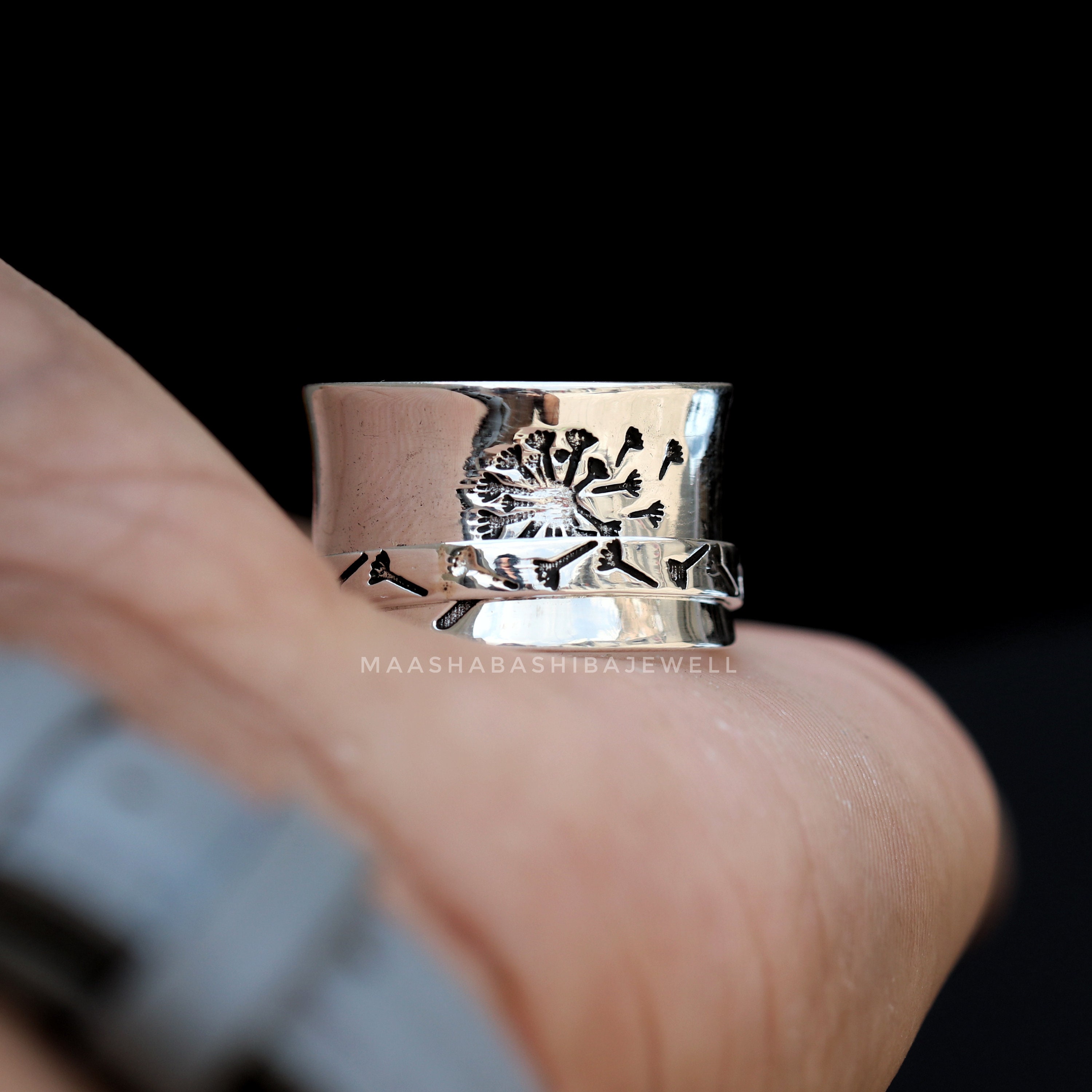 Dandelion Fidget Spinner Ring, Handmade 925 Sterling Silver Wide Band ...