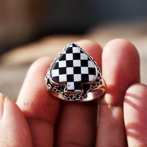 Unique Black Onyx Checkered Cabochon Ring, 925 Sterling Silver Ring, Handmade Checker Spades Gemstone Ring, Everyday Wear Ring Gift For Her