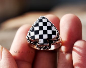 Unique Black Onyx Checkered Cabochon Ring, 925 Sterling Silver Ring, Handmade Checker Spades Gemstone Ring, Everyday Wear Ring Gift For Her