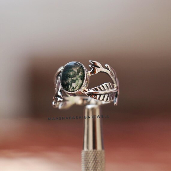 Moss Agate Leaf Ring: 925 Sterling Silver, Handmade Branches Band, Nature Inspired Jewelry