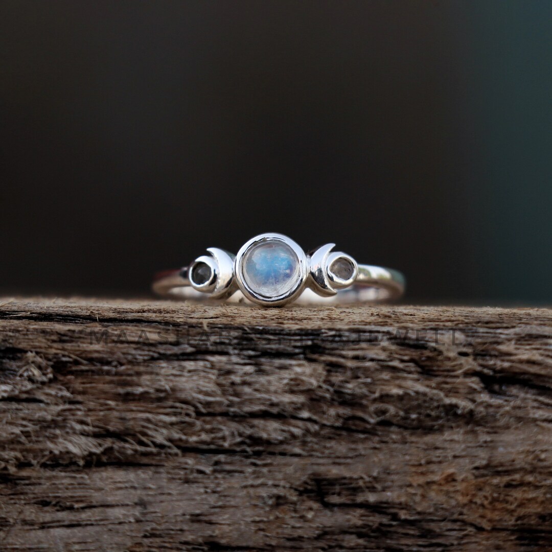 High Quality Natural Moonstone 925 Sterling Silver Three Stone Ring