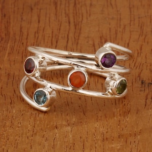 Birthstone Stacking Ring, Natural Gemstone Ring, 925 Sterling Silver Wire Ring, Boho Ring, Multi Gemstone Ring, Handmade Ring, Cocktail Ring