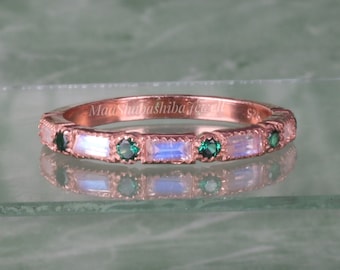 Baguette Moonstone Ring, Emerald Accent, Sterling Silver Half Eternity Band
