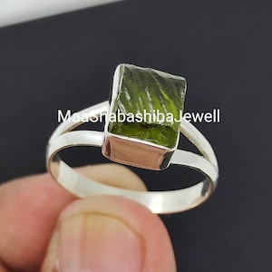 Solid 925 Sterling Silver Ring, Rough Moldavite Stone Ring, Handmade Silver Ring, Green Moldavite Ring, Boho Ring, Moldavite Ring