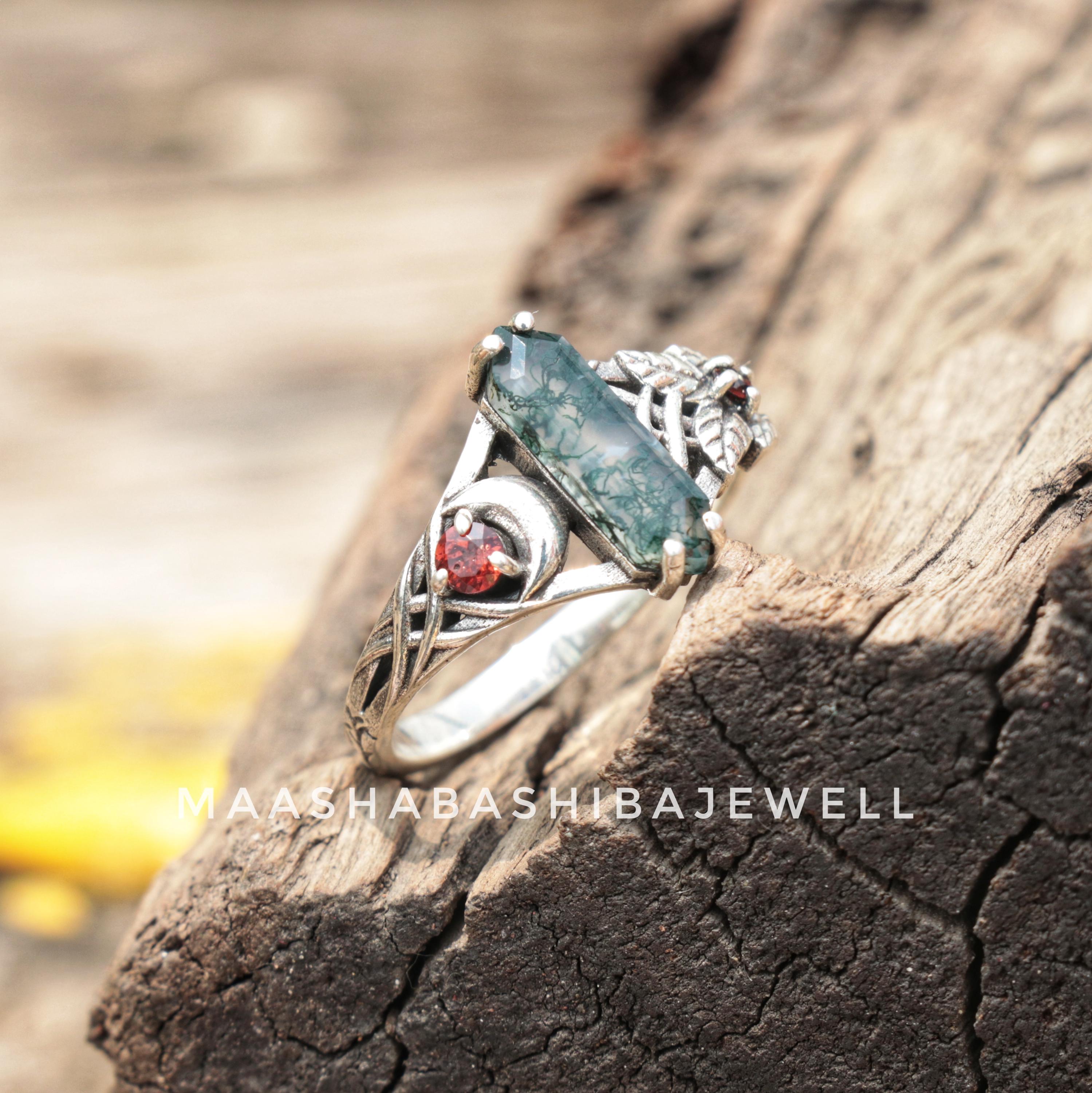 シルバーブランチモスアゲート＆ガーネットリング、925スターリング