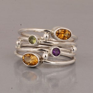 Natural Citrine Ring, Peridot Ring, Amethyst Ring, Multi Gemstone Ring, 925 Sterling Silver, Birthstone Ring, Wire Band Ring, Stacking Ring