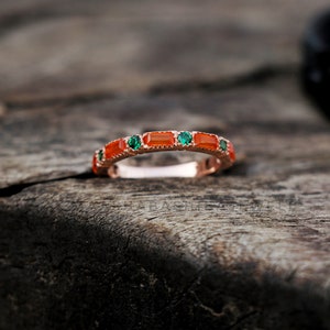 Natural Carnelian & Emerald Ring, Wide Band Engagement Ring, 14k Rose Gold Plated Ring, Solitaire Ring, Dainty Promise Ring, Weeding Rings