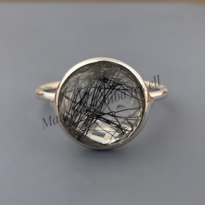 Anel de quartzo rutilado preto natural, anel boho de prata esterlina 925, anel de presente feminino, anel de quartzo rutilado, anel de promessa, anel feito à mão
