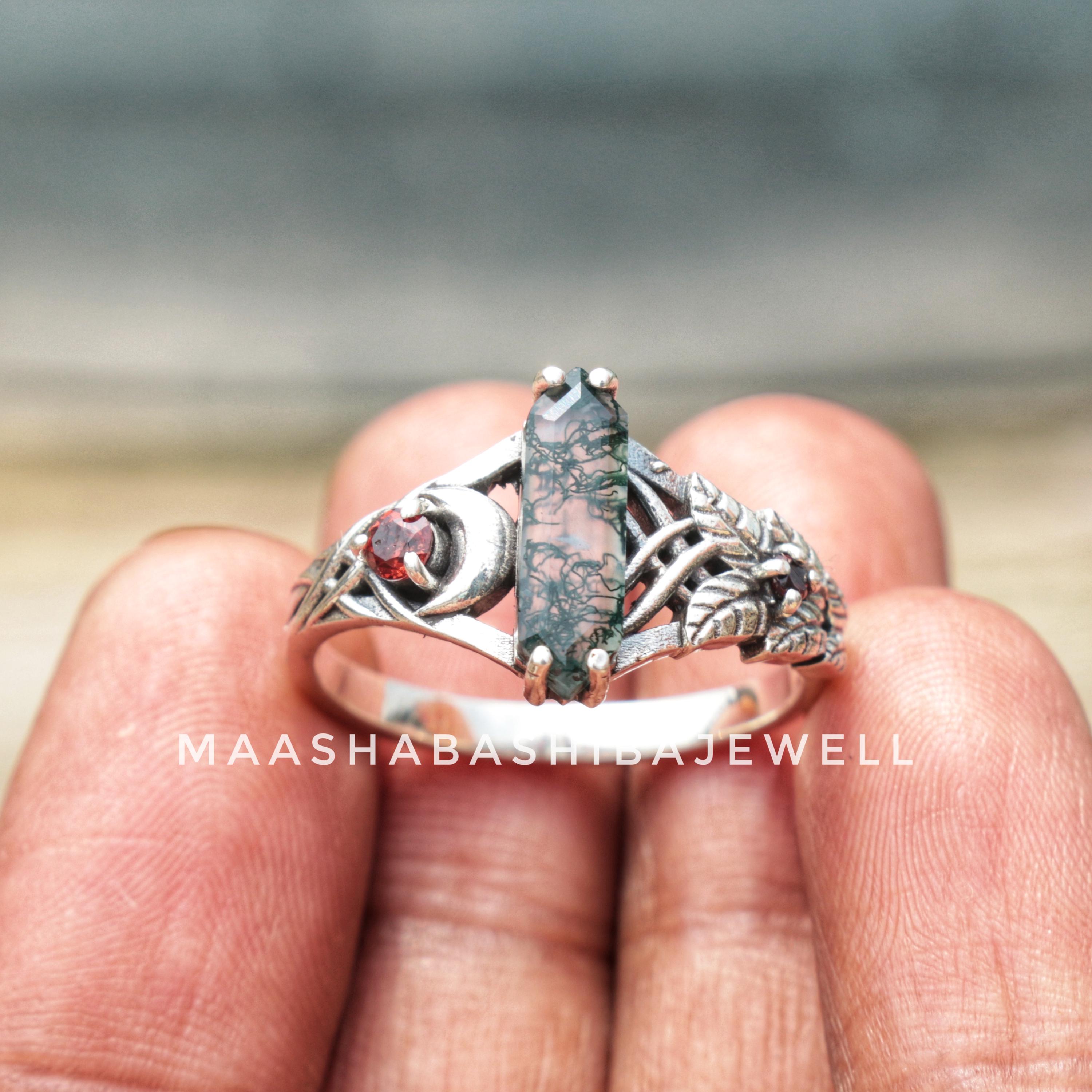 シルバーブランチモスアゲート＆ガーネットリング、925スターリング