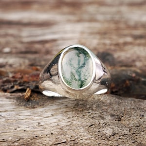 Natürlicher Moosachat Ring, Herrenring, 925 Sterling Silber Ring, Handgemachter Siegelring, Stapelbarer Ring, Unkraut Ring