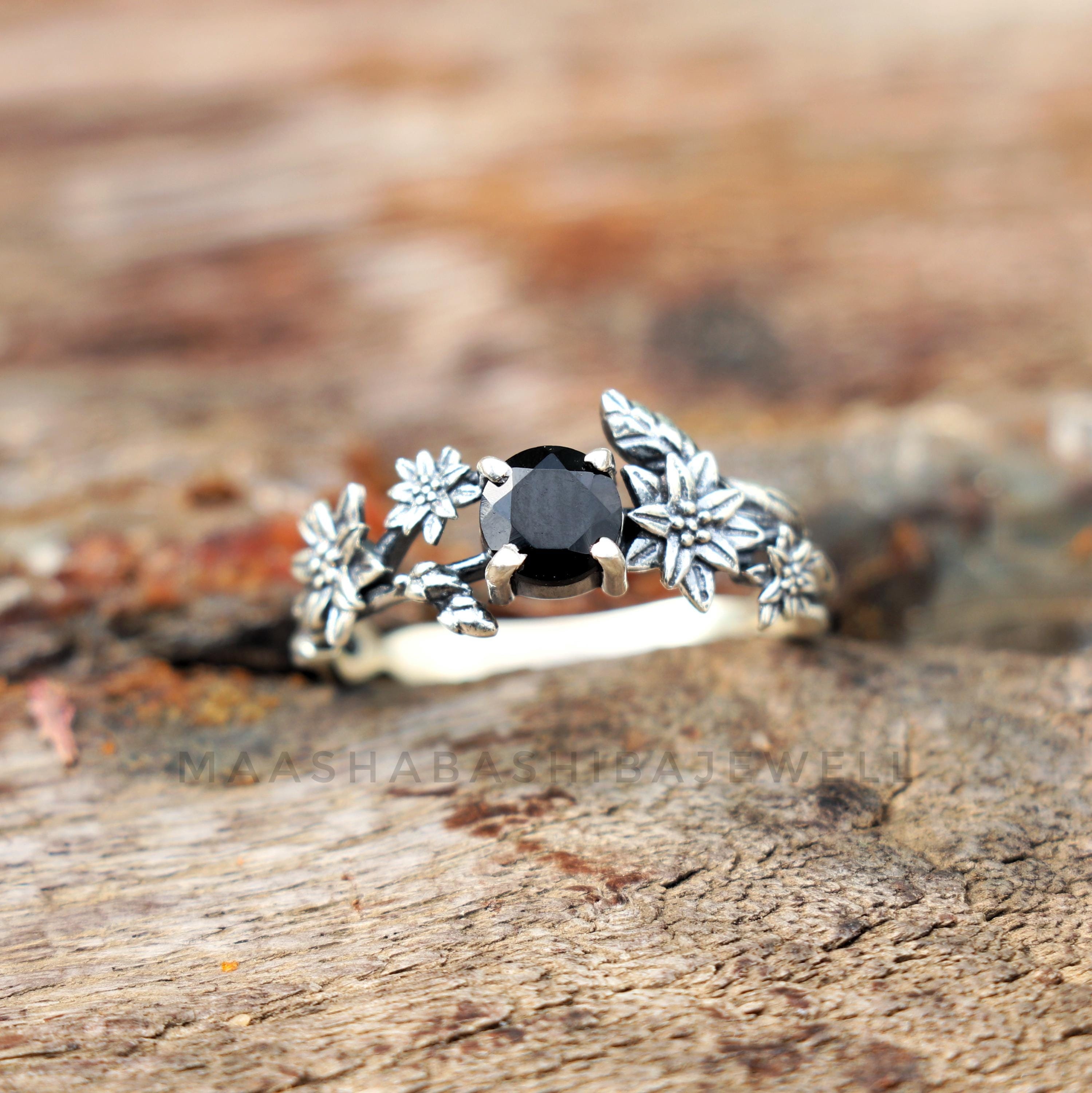 Silver Floral Ring, Black Onyx Ring, Handmade Celestial Ring, 925