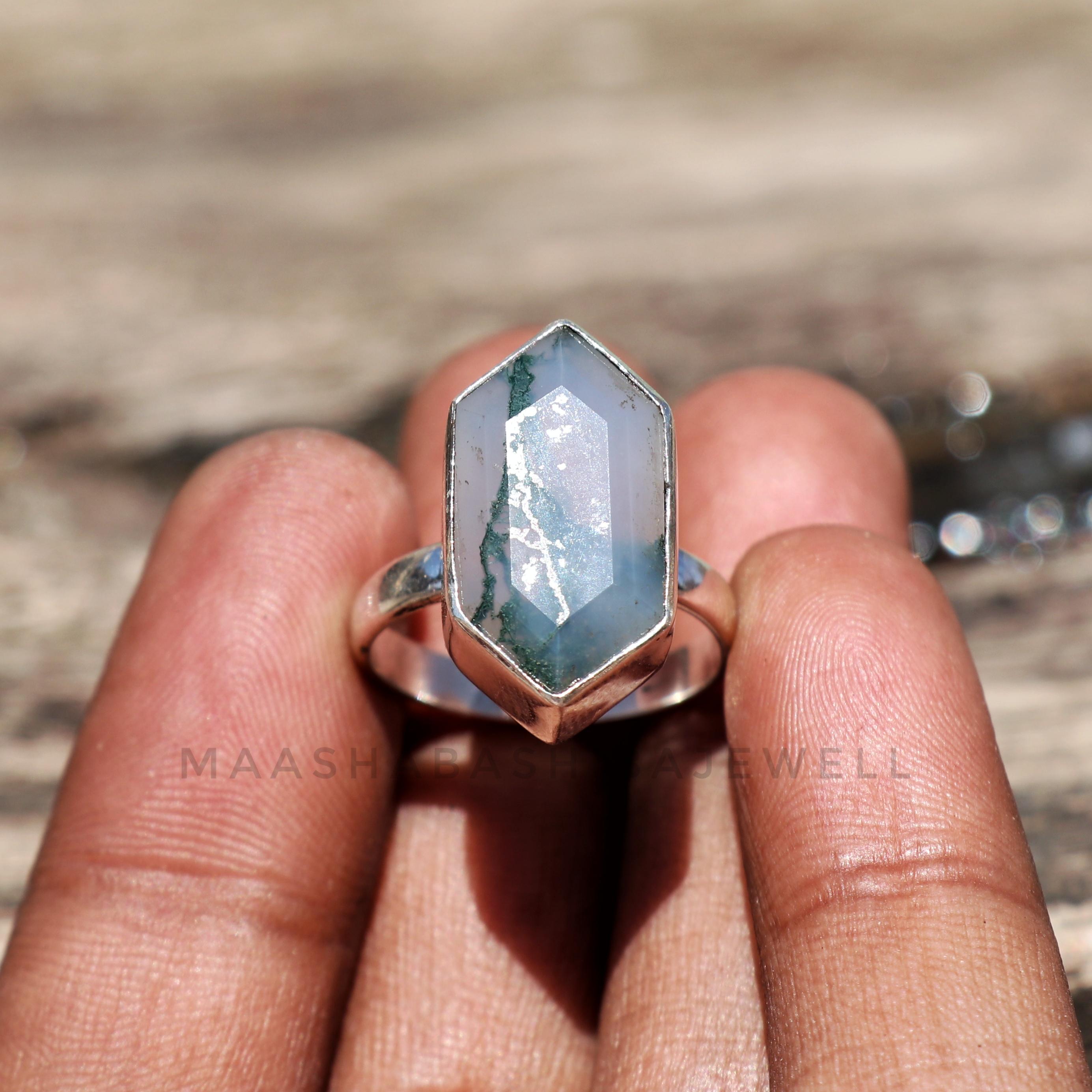 天然モスアゲートリング、925スターリングシルバーリング、六角形の