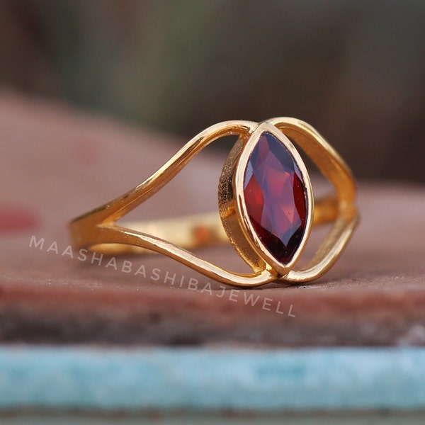 Marquise Cut Natural Garnet Ring, Wedding Ring, 925 Sterling Silver, Red Garnet Ring, Birthstone Ring, 18k Gold Vermeil, Dainty Women Ring