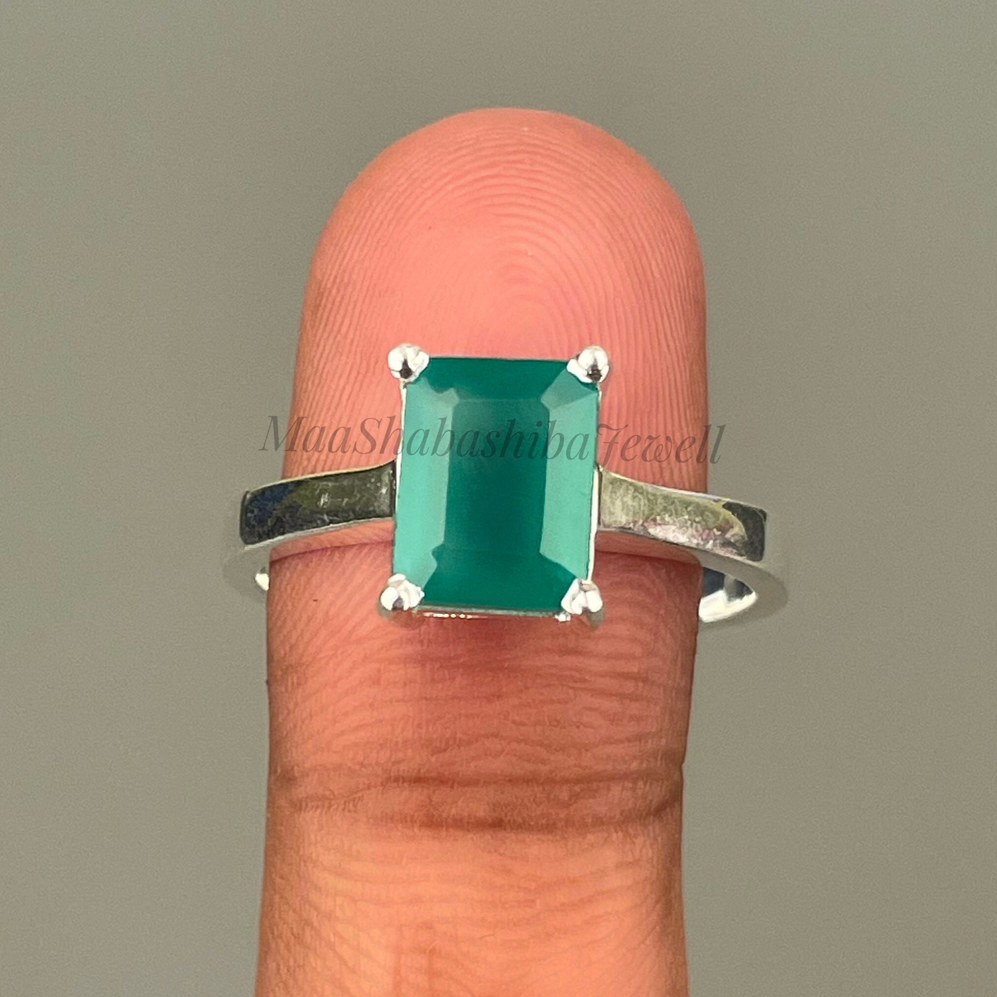 Bague Vintage En Argent Massif 925 Avec Onyx Vert émeraude - Taille 53.5, état Parfait