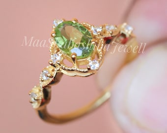 Oval Peridot Engagement Ring, Vintage Sterling Silver Ring, White Topaz Accents