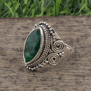 Green Jade Marquise Cut Gemstone Silver Ring, Solid 925 Sterling Silver Boho Silver Ring, Green Jade Ring, Gift For Her Wedding Anniversary